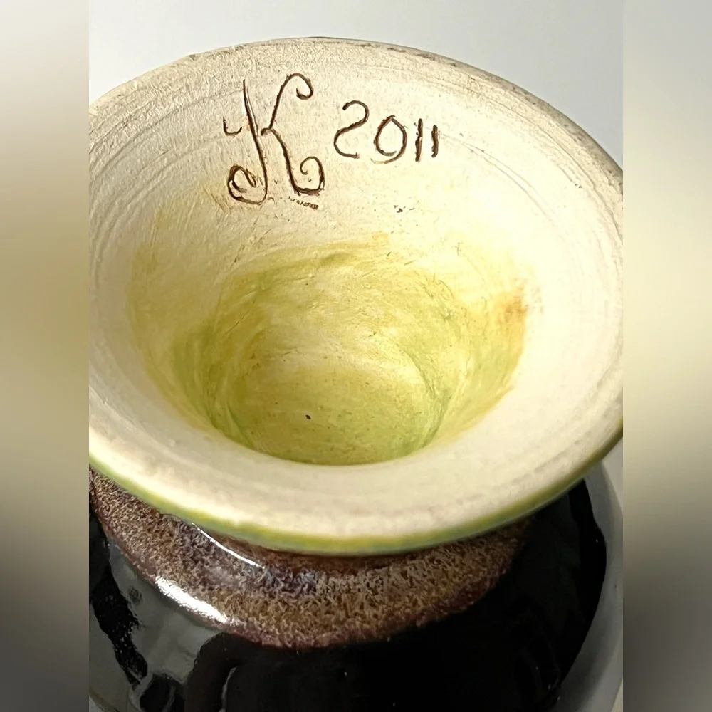 Handmade Studio Art Pottery Ceramic Red Brown Green Flower Vase Signed 5.5